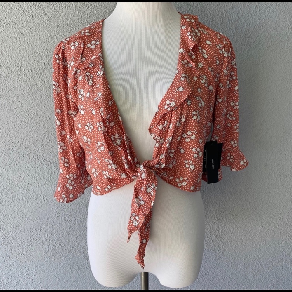 LULUS Floral Ruffle Wrap Top